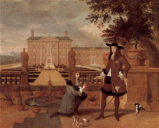Trong thời gian bị lưu đày tại Pháp, vua Charles II của Anh quốc đã học thắt nơ kiểu Louis XIV. Và ông này được coi là người du nhập mốt thắt cà vạt từ Pháp về xứ sở sương mù. Tranh vẽ của Hendrick Danckerts (1645-1679), vua Charles II đang nhận trái dứa đầu tiên từ tay John Rose, người làm vườn hoàng gia. Trong tranh, Charles II đang đeo cà vạt kiểu của Louis XIV