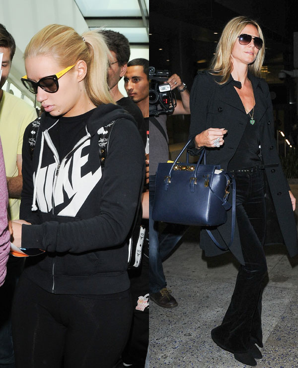 Nữ rapper người Úc Iggy Azalea (trái) xuất hiện cá tính tại sân bay LAX với kính gọng vàng của Versace. Trong khi đó, người mẫu Heidi Klum (phải) lại lựa chọn áo khoác tren-cốt và mẫu túi mới “Signature Lock Bag” của Versace